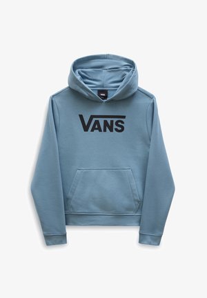 Sweat à capuche Vans bleu clair avec poche kangourou à l'avant et logo Vans noir centré sur la poitrine.