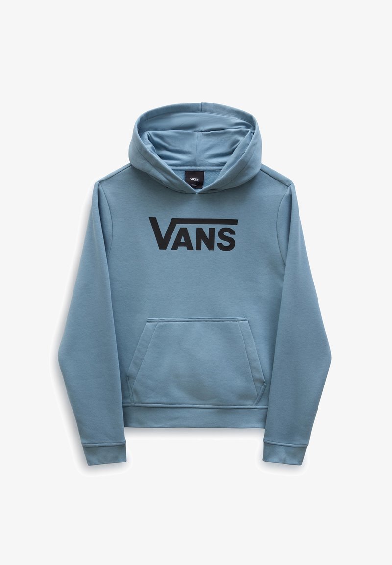 Sweat à capuche Vans bleu clair avec poche kangourou à l'avant et logo Vans noir centré sur la poitrine.