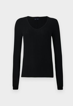 Top negru cu mânecă lungă, realizat dintr-un material ribbed, cu un design în V. Are o formă ajustată și o textură netedă, potrivit pentru a fi purtat pe dedesubt.