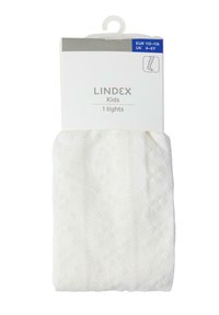 Vita barnstrumpor med texturerat diamantsmönster, elastisk midja och förpackning som visar storleksinformation för EU 110-116.
