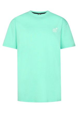 Mintgroen T-shirt met korte mouwen en ronde hals met witte "LA PAZ" tekst en palmboomafbeelding op de linkerbovenborst.
