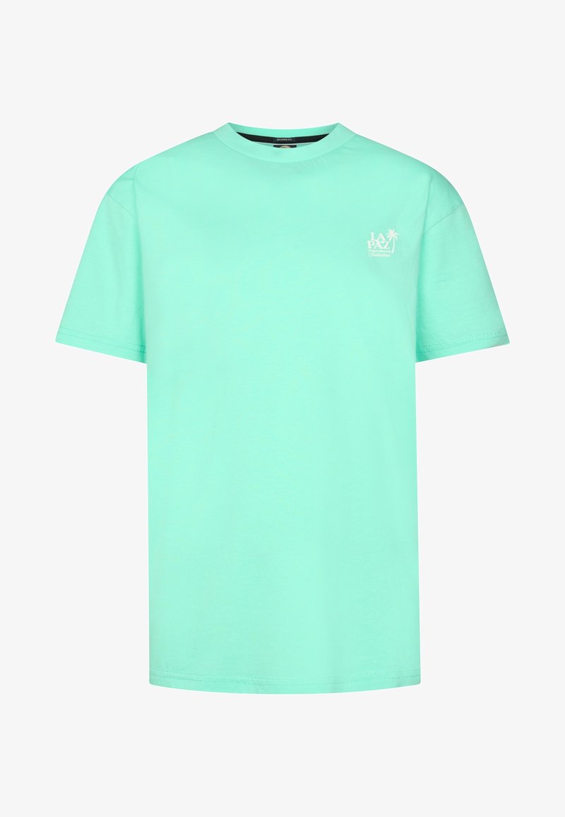 T-shirt vert menthe à manches courtes avec col rond, texte blanc "LA PAZ" et graphisme d'un palmier sur la partie supérieure gauche de la poitrine.