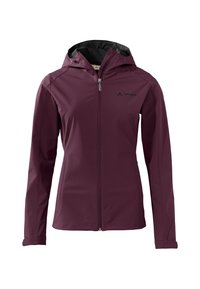 Bordeauxkleurige softshell jas met een rits aan de voorkant, verstelbare capuchon en zwarte binnenvoering. Voorzien van een logo op de borst en aansluitende mouwen.