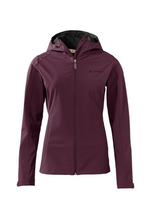 Bordeauxkleurige softshell jas met een rits aan de voorkant, verstelbare capuchon en zwarte binnenvoering. Voorzien van een logo op de borst en aansluitende mouwen.
