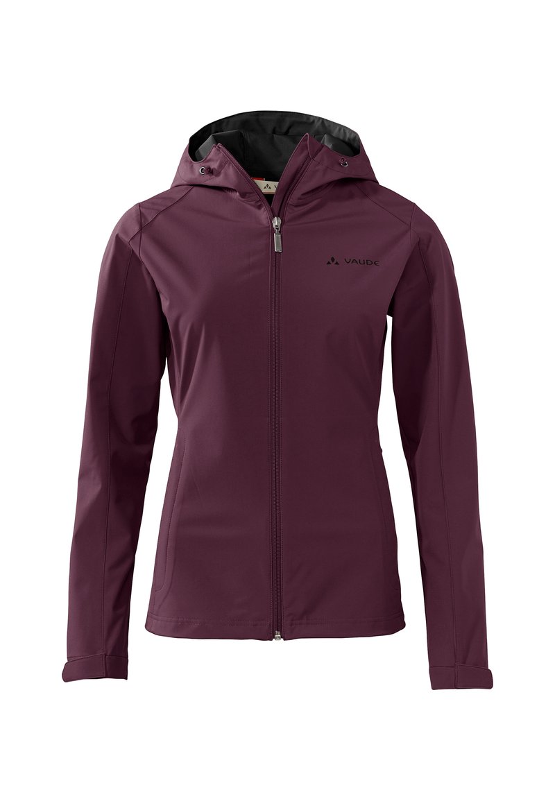 Bordeauxkleurige softshell jas met een rits aan de voorkant, verstelbare capuchon en zwarte binnenvoering. Voorzien van een logo op de borst en aansluitende mouwen.
