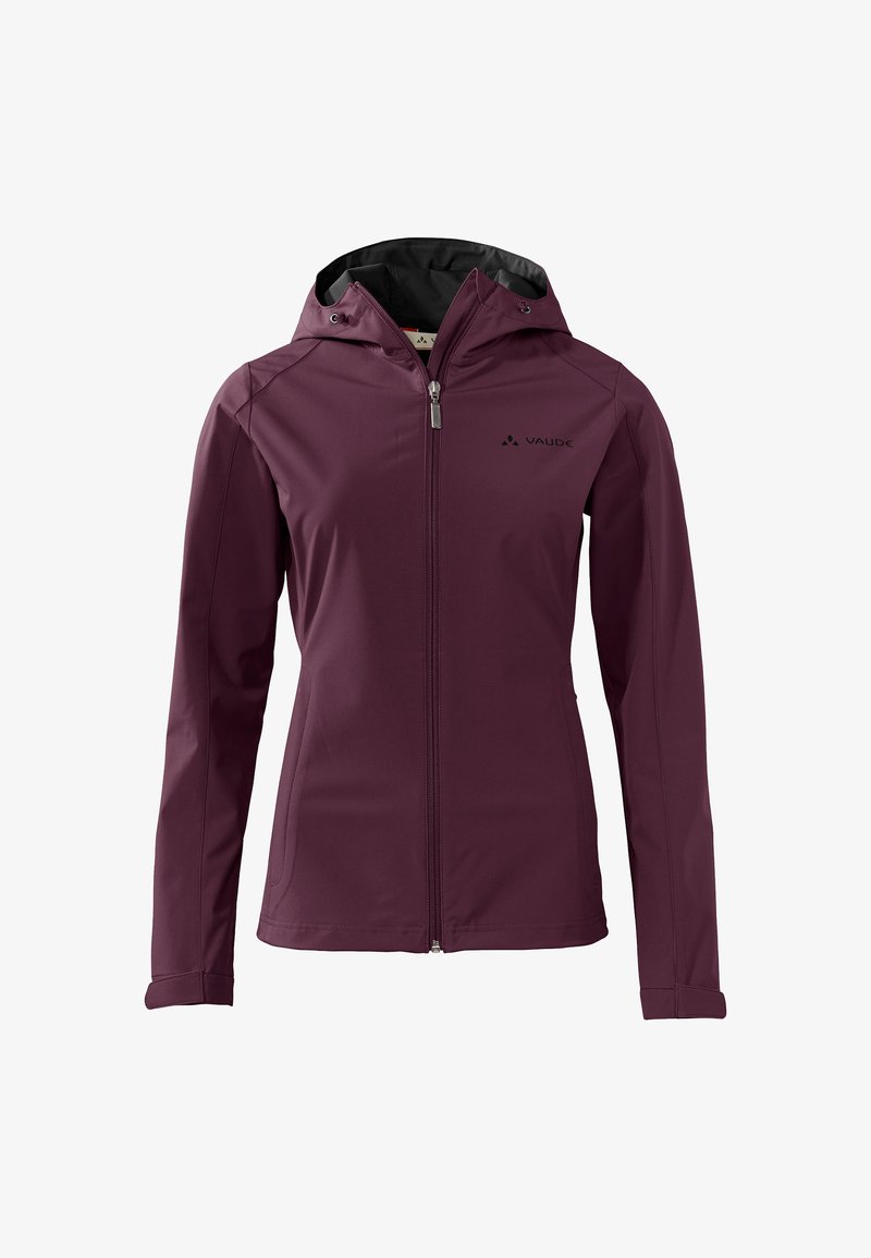 Bordeauxkleurige softshell jas met een rits aan de voorkant, verstelbare capuchon en zwarte binnenvoering. Voorzien van een logo op de borst en aansluitende mouwen.