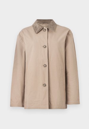 Beige cotton jacket with a corduroy collar, front button closure, and two side pockets; features a relaxed fit and long sleeves.