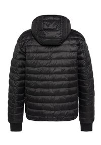 Sort dunjakke med hætte, kviltet design, ribbede manchetter og glat overflade, med en tætsiddende pasform der er velegnet til varme.