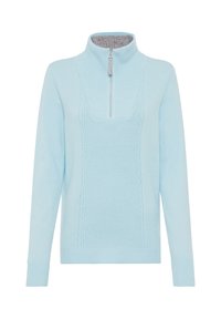 Helles blauer Strickpullover mit hohem Kragen, halber Reißverschluss und strukturiertem Vorderteil, das mit Zopfstrickmustern verziert ist, sowie gerippten Bündchen.