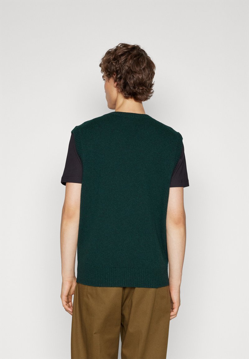 Maglione senza maniche di colore verde scuro a maglia con orlo a coste, indossato sopra una maglietta nera a maniche corte, visto di spalle.