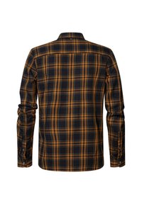 Langärmliges Hemd mit kariertem Muster in Schwarz, Orange und Braun, mit geknöpften Manschetten und einem Standardkragen, Rückansicht.