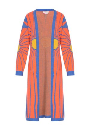 Knit cardigan in orange with blue and yellow sunburst pattern, long sleeves, open front, and a relaxed fit. Ribbed accents at sleeves and hem.