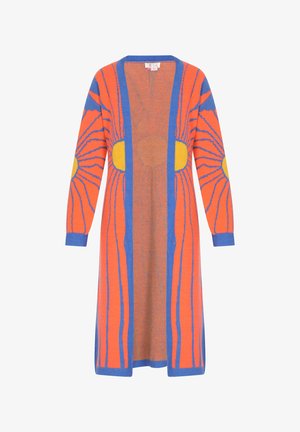 Sweter kardigan w kolorze pomarańczowym z niebieskim i żółtym wzorem słonecznym, długie rękawy, otwarty przód i luźny krój. Żebrowane akcenty na rękawach i dole.