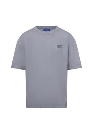 Grauer Baumwoll-T-Shirt mit Rundhalsausschnitt, kurzen Ärmeln und auf der Brust in dunklerer Farbe gesticktem "PEQUS". Gerade Saum-Design.