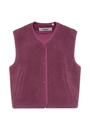 Fleece vest in deep burgundy with a soft texture, featuring a V-neck, front buttons, and two side pockets. Edges trimmed in a contrasting color.