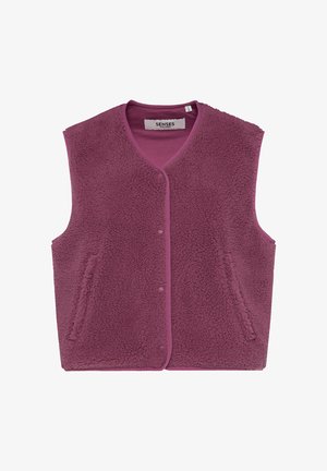 Fleece vest in deep burgundy with a soft texture, featuring a V-neck, front buttons, and two side pockets. Edges trimmed in a contrasting color.