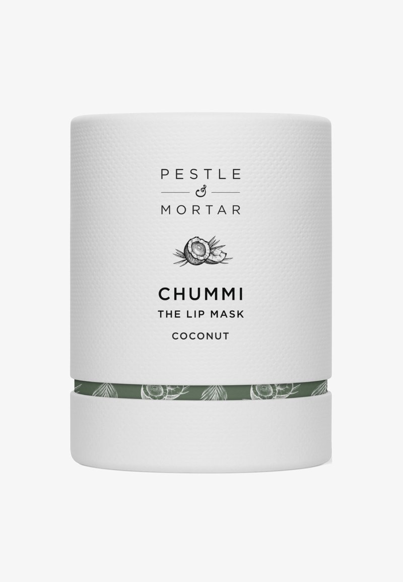 Masque pour les lèvres Chummi à la noix de coco de Pestle & Mortar dans un contenant cylindrique texturé blanc avec illustration de noix de coco et bande verte à motifs.