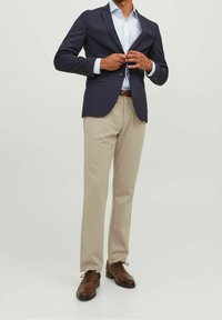 Granatowa marynarka w prążki noszona na jasnobłękitnej koszuli, zestawiona z beżowymi spodniami i brązowymi skórzanymi butami. Charakteryzuje się dopasowanym krojem oraz guzikami.