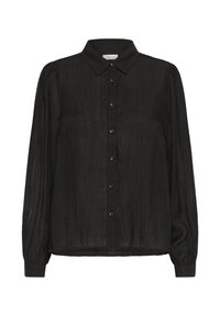 Schwarze Bluse mit langen Ärmeln, Knopfleiste und subtiler vertikaler Textur, spitzem Kragen sowie gerafften Manschetten.