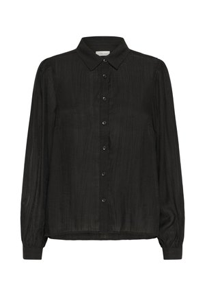 Blusa nera a maniche lunghe con bottoni, effetto verticale sottile, colletto a punta e polsini arricciati.