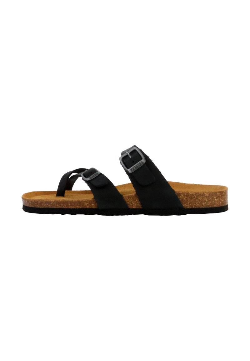 Zwarte sandalen met twee banden, verstelbare gespen, kurken voetbed en een gestructureerde rubberen zool, met een vlak ontwerp voor extra comfort.