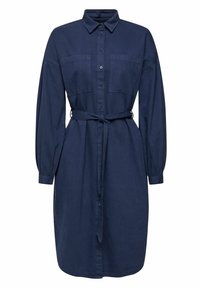 Vestito camicia blu navy con chiusura a bottoni, colletto, due tasche sul petto, maniche lunghe e cintura annodata in vita. Texture del tessuto liscia.