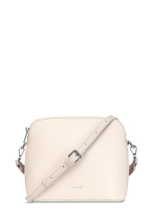 Beige leather crossbody bag with a smooth texture, adjustable strap, silver hardware, and subtle logo detail on the front.