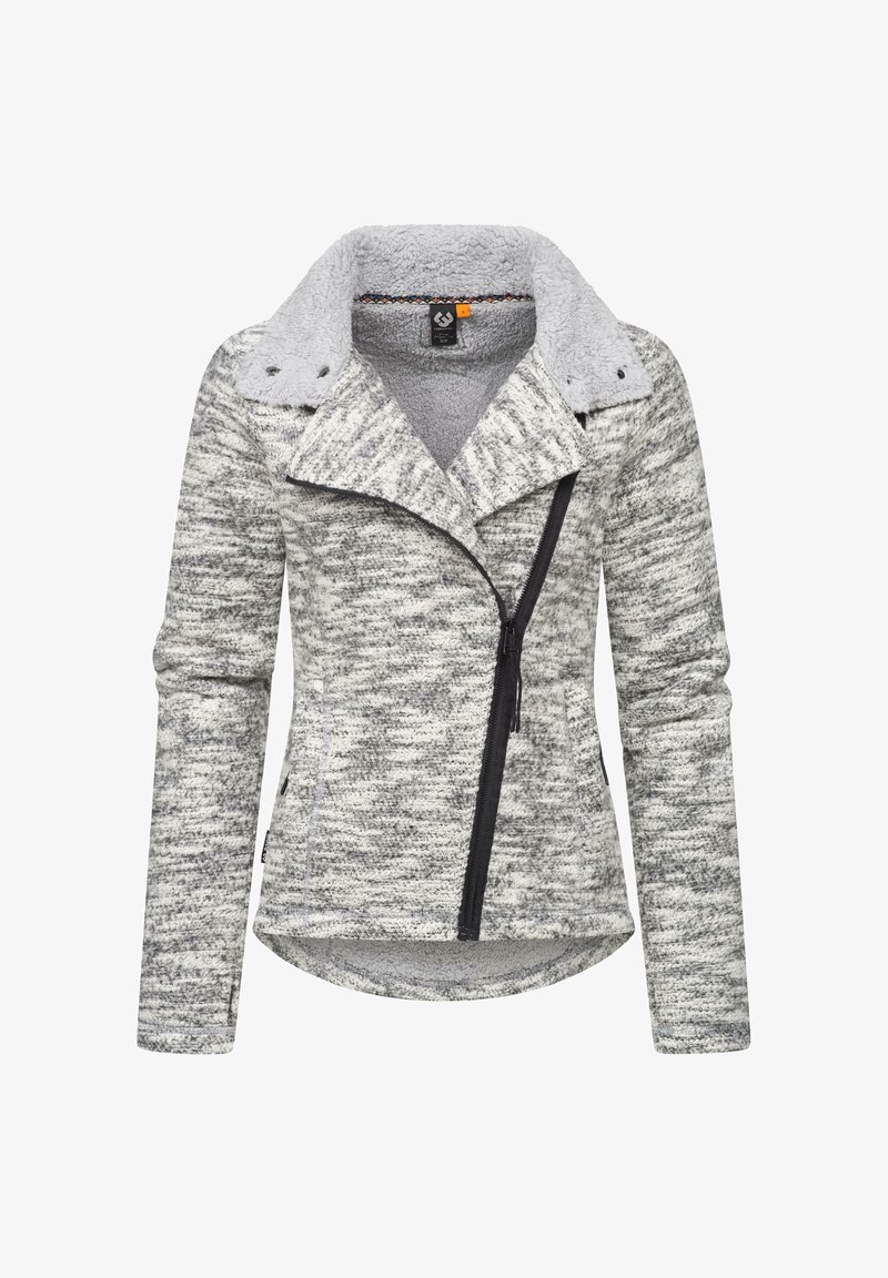 Grau-weiße Strickjacke mit einem flauschigen grauen Kragen, asymmetrischem Reißverschluss und langen Ärmeln. Verfügt über strukturierten Stoff und seitliche Taschen.