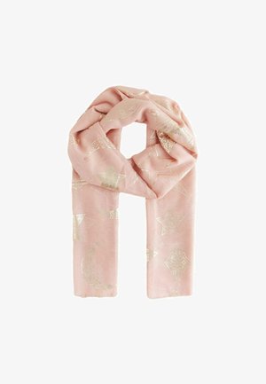 Hele roosa sall metallkuldsest tähest ja poolkuu mustrist, pehme, kerge kangaga ning friteeritud servadega.