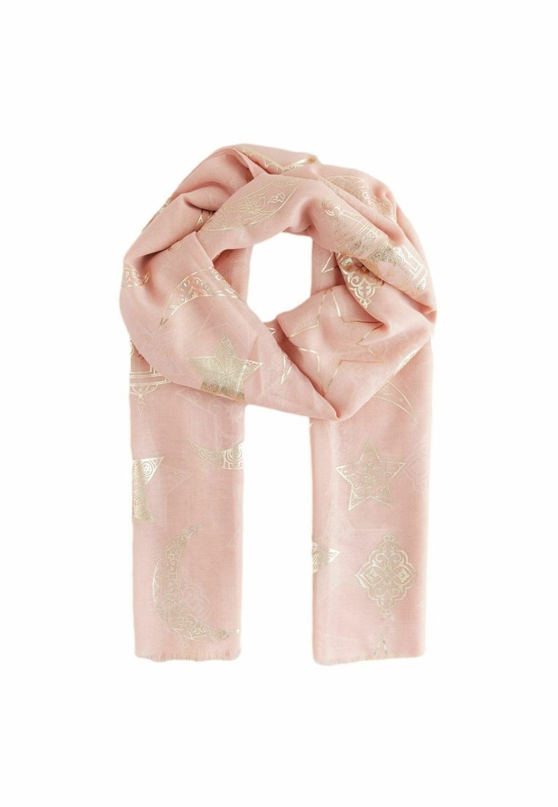 Écharpe rose claire avec des motifs d'étoiles dorées métalliques et de croissants de lune, en tissu doux et léger avec des bords frangés.