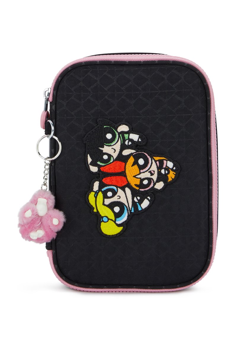 Black zippered pouch with pink accents, featuring embroidered characters from a cartoon on the front and a pink fuzzy charm attached to the zipper.