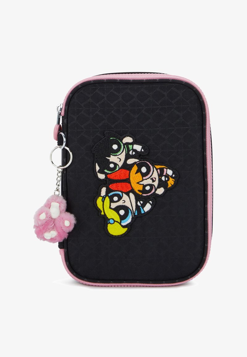 Black zippered pouch with pink accents, featuring embroidered characters from a cartoon on the front and a pink fuzzy charm attached to the zipper.
