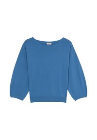 Pull bleu en maille douce, avec un col large et des manches bouffantes 3/4. Détail logo discret à l'ourlet.