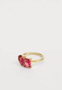 Gold ring featuring two pink gemstones, one pear-shaped and one rectangular, with four prong settings and a smooth band.