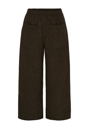 Brune fløjlsbukser med bred ben, elastisk linning, to forlommer og lodrette ribbede detaljer.