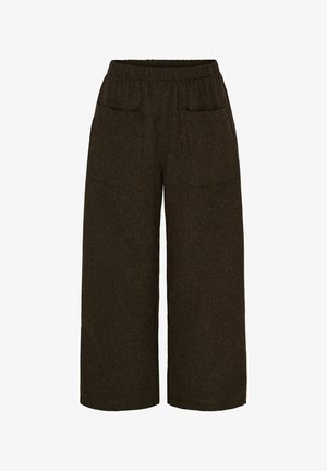 Brune fløjlsbukser med bred ben, elastisk linning, to forlommer og lodrette ribbede detaljer.