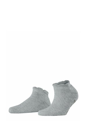 Graue Knöchelsocken mit einem gewellten oberen Rand, aus weichem Material gefertigt, das über eine gerippte Textur sowie verstärkte Zehen- und Fersenbereiche verfügt.
