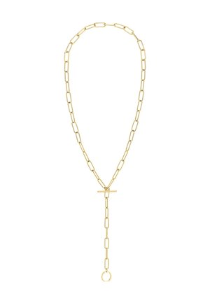 Collier chaîne en or avec des maillons rectangulaires allongés et un fermoir à bascule avec une chute prolongée se terminant par un anneau circulaire.