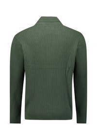 Groene ribgebreide trui met een kraag, voorzien van lange mouwen en een aangesloten zoom. De textuur is gelijkmatig en glad.