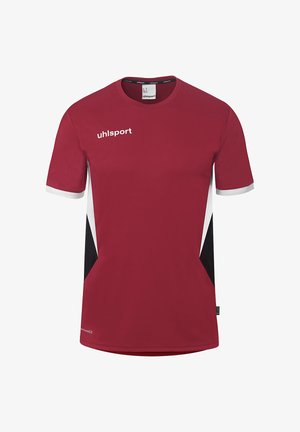Vinrød sport T-shirt med korte ærmer, hvide og sorte sidepaneler, hvide ærmekanter og "uhlsport" logo på bryst og krave.