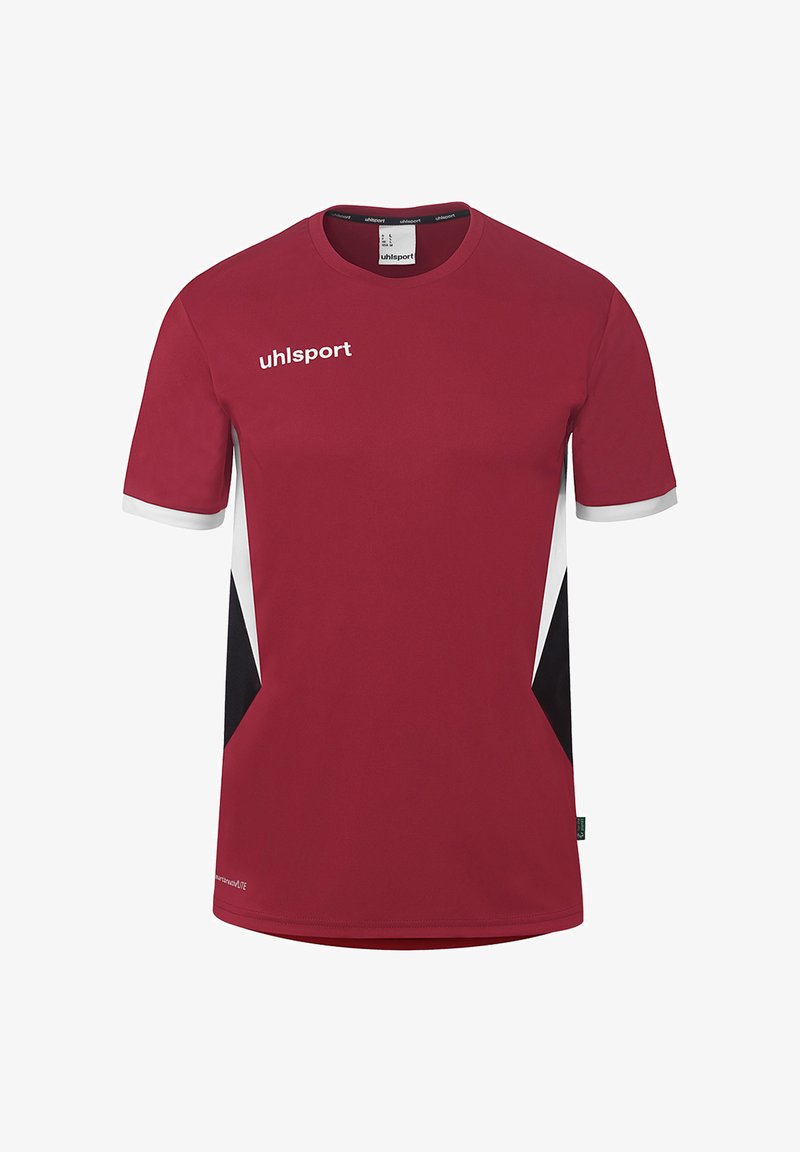 T-shirt de sport bordeaux à manches courtes avec panneaux latéraux blancs et noirs, bordures de manches blanches, et logo "uhlsport" sur la poitrine et le col.