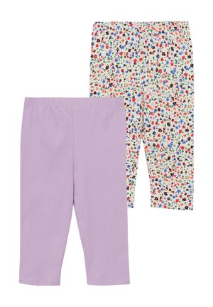 Paire de leggings pour enfants, l'un uni lavande et l'autre blanc avec un imprimé floral multicolore, tous deux de longueur raccourcie.