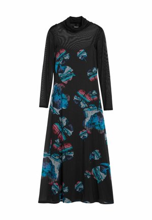 Schwarzes Kleid aus leichtem Stoff mit langen Netzärmeln, das ein farbenfrohes Blumenmuster in Blau, Rot und Grün aufweist.
