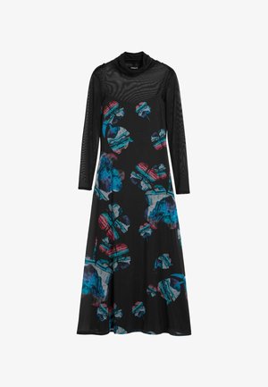Schwarzes Kleid aus leichtem Stoff mit langen Netzärmeln, das ein farbenfrohes Blumenmuster in Blau, Rot und Grün aufweist.