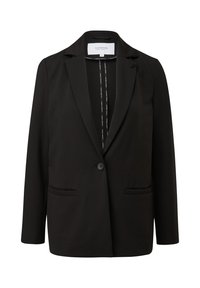 Schwarzer Blazer mit strukturiertem Kragen, Ein-Knopf-Verschluss, zwei Vorderaschen und glattem Material. Innenfutter aus einem markenspezifischen Stoff.