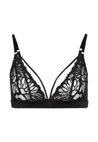 Black lace bralette featuring floral patterns, thin adjustable straps, a plunging neckline, and a solid black band for support.