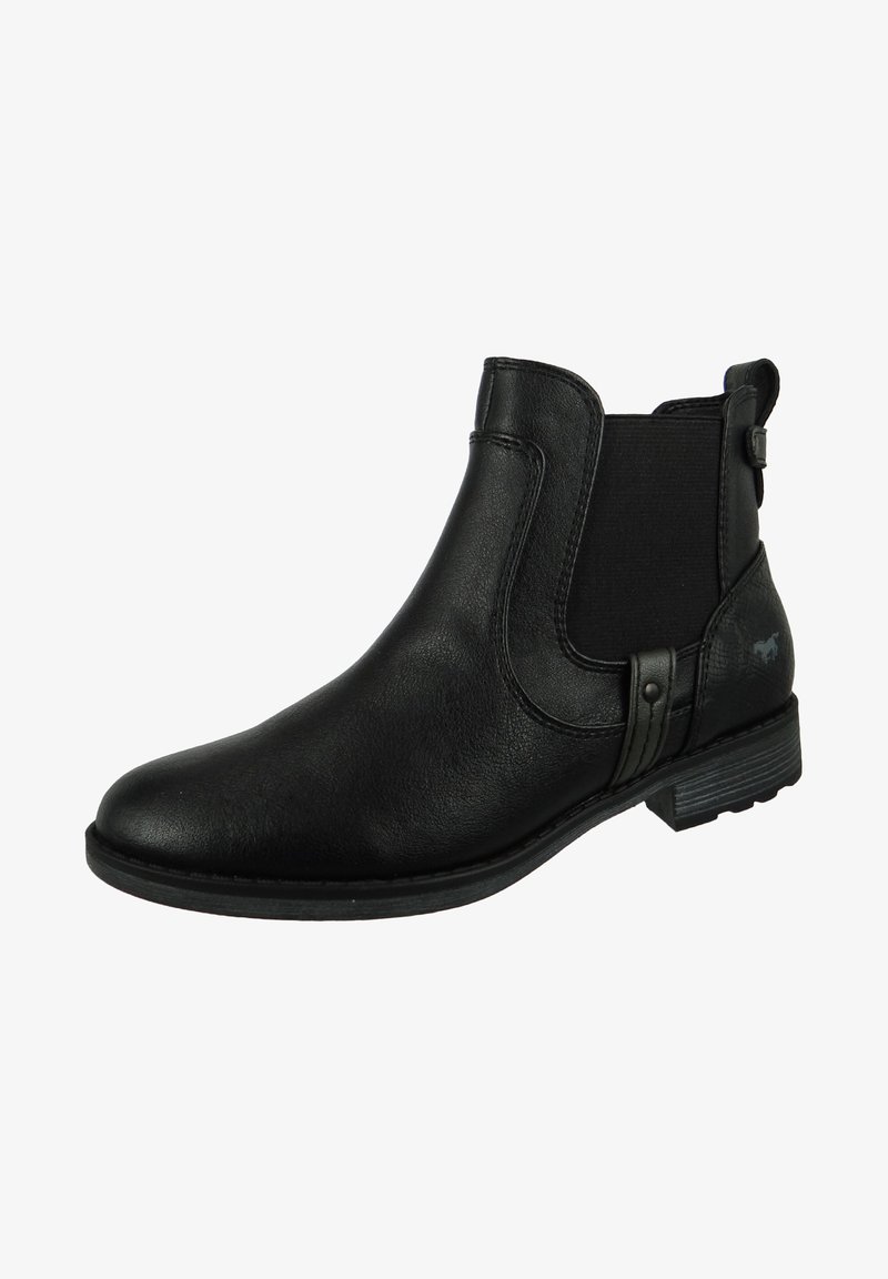 Bottines Chelsea noires en cuir avec panneaux latéraux élastiques, bout arrondi et accents texturés sur le talon. Semelle en caoutchouc robuste.