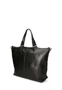 Borsa tote nera in pelle con texture liscia, due manici superiori e chiusura con zip. Presenta una forma semplice e rettangolare con hardware minimale.