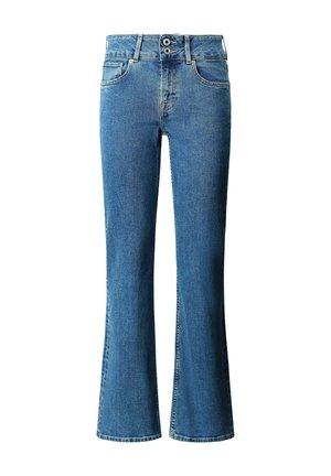 Jeans mit ausgestelltem Bein in mittlerem Blau, ausgestattet mit hoher Taille, Zwei-Knopf-Verschluss, klassischem Fünf-Taschen-Design und leichter Verwaschung.