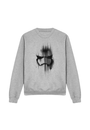 Gray sweatshirt featuring a black abstract design on the front. Long sleeves and ribbed cuffs with a round neckline. Smooth texture.